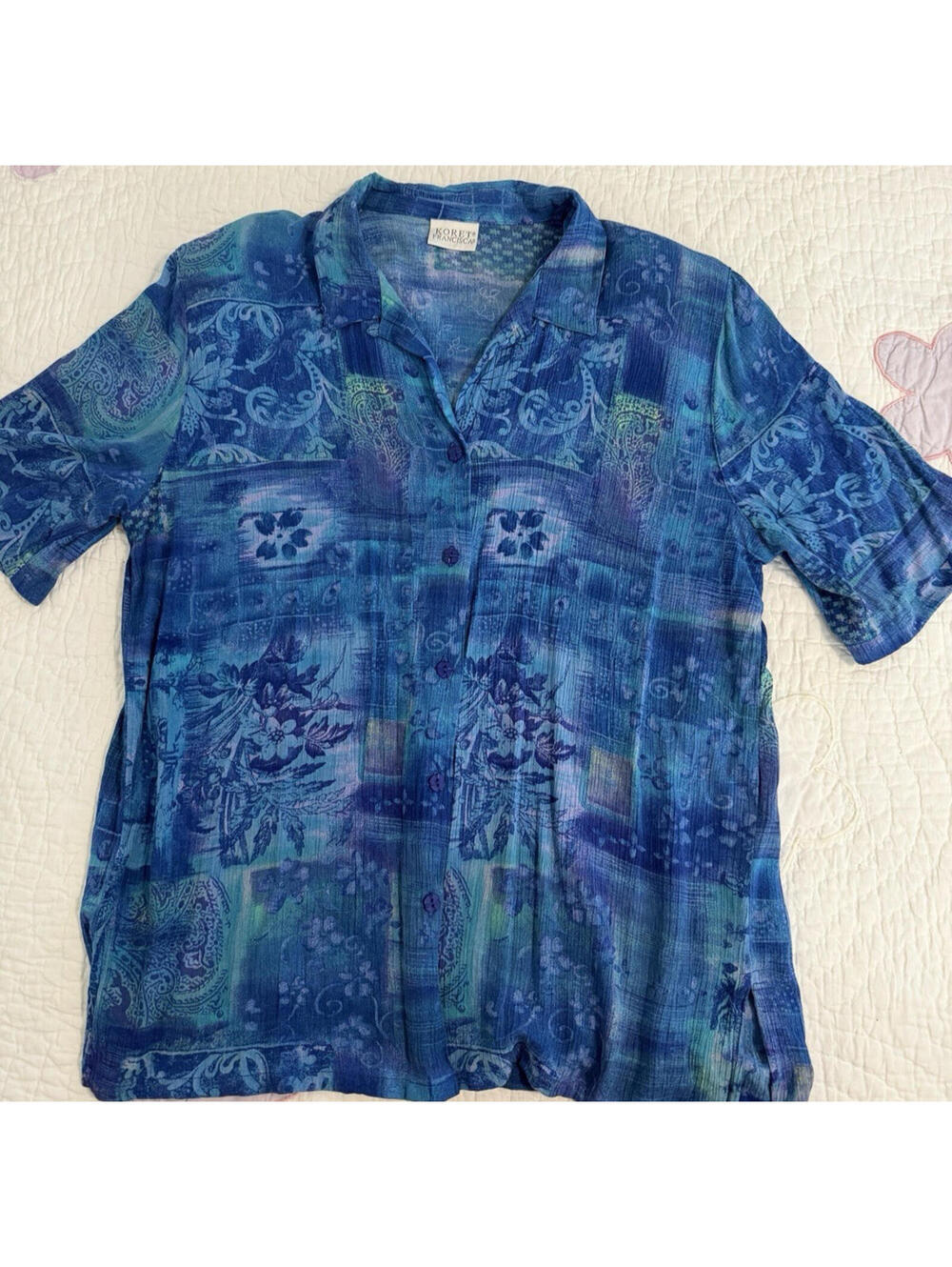 Vintage Koret Francisca Blue Floral Paisley Blouse Women’s L Shoulder Pads
